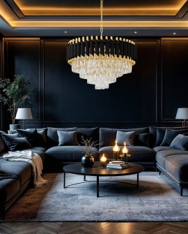 Lampa wisząca żyrandol kryształowy czarno-złoty Mazini D50 Lumina Deco na białym tle, eleganckie oświetlenie do salonu