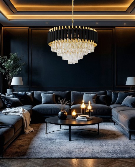 Lampa wisząca żyrandol kryształowy czarno-złoty Mazini D50 Lumina Deco na białym tle, eleganckie oświetlenie do salonu