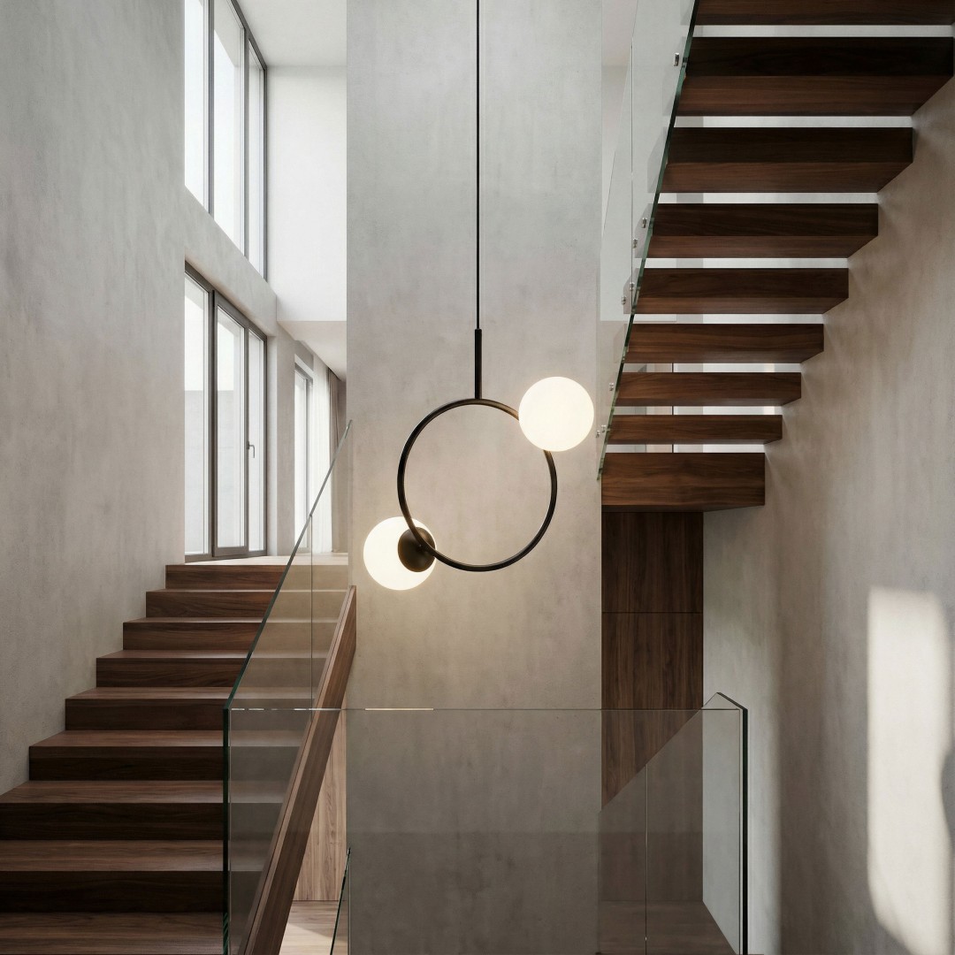  Czarna nowoczesna lampa wisząca z dwoma kulistymi kloszami na okręgu – designerskie oświetlenie sufitowe.
