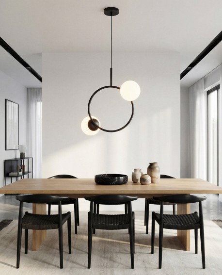  lampa wisząca z okręgiem i dwiema kulami nad stół do jadalni nowoczesne oświetlenie marki Lampit model Ledo W2