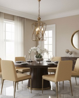 Elegancka lampa wisząca sufitowa w kolorze mosiężnym ELMONT W3, zawieszona nad stołem w nowoczesnej jadalni, z jasnymi zasłonami