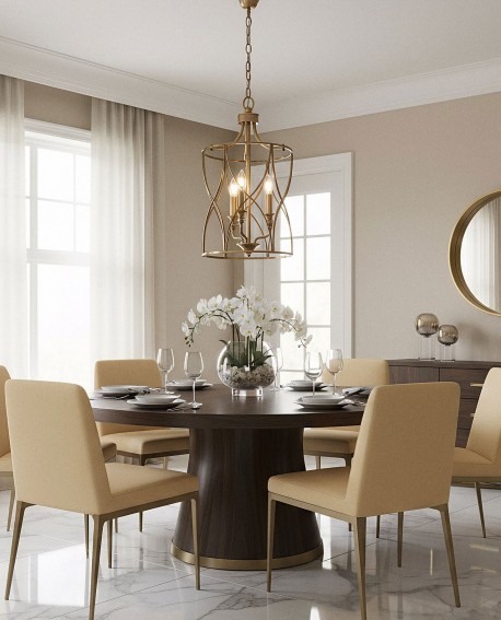 Elegancka lampa wisząca sufitowa w kolorze mosiężnym ELMONT W3, zawieszona nad stołem w nowoczesnej jadalni, z jasnymi zasłonami