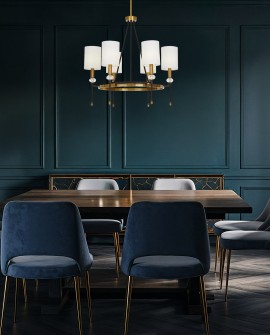 Lampa wisząca RODEZIO W6 łączy elementy złota szczotkowanego i czarnego metalu, z białymi kloszami w kształcie cylindrów