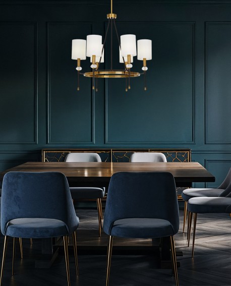 Lampa wisząca RODEZIO W6 mosiężna z białymi kloszami, elegancki design, nowoczesny styl do salonu lub jadalni