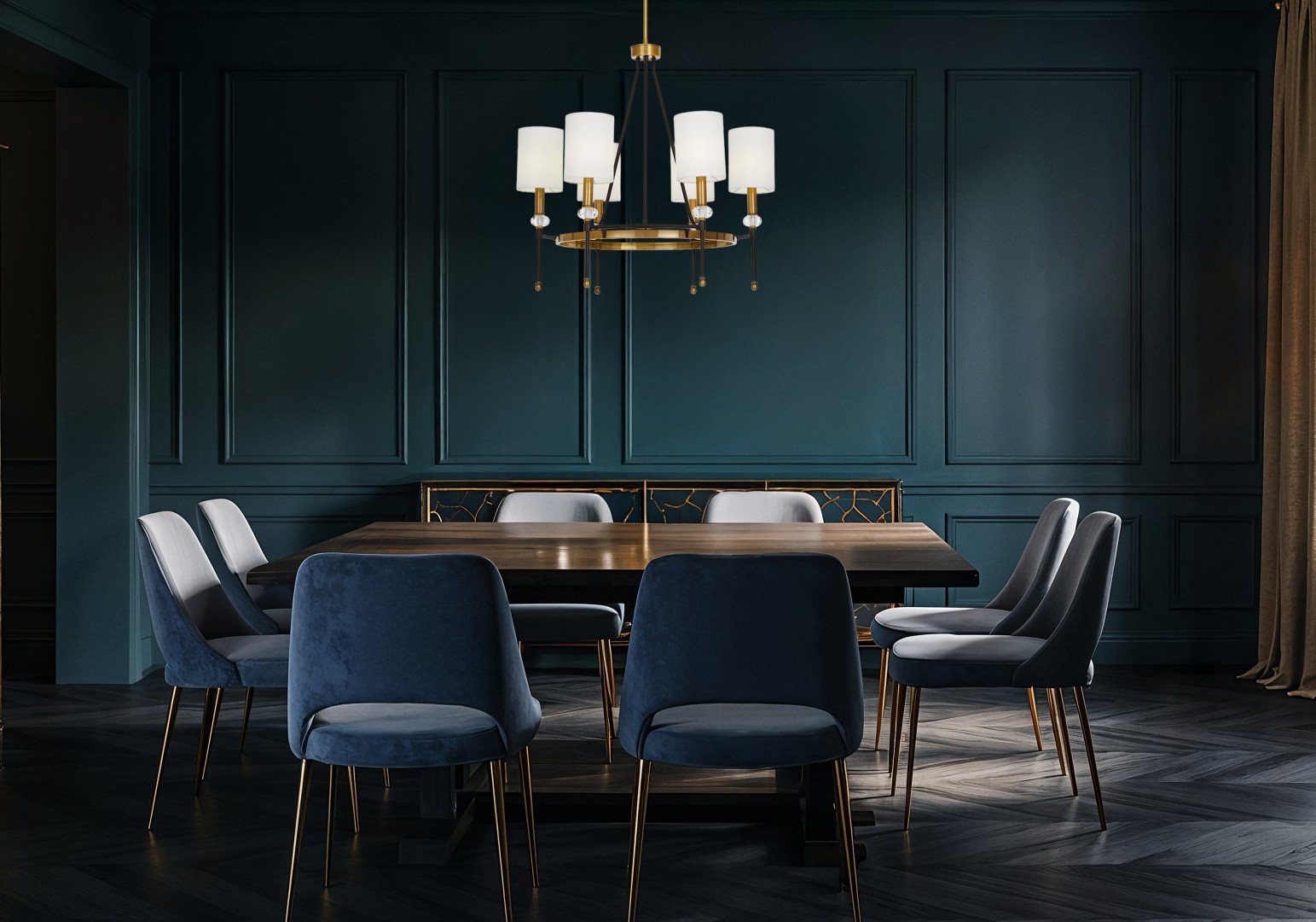 Lampa wisząca RODEZIO W6 złota szczotkowana z białymi kloszami, elegancki design, nowoczesny styl do salonu lub jadalni