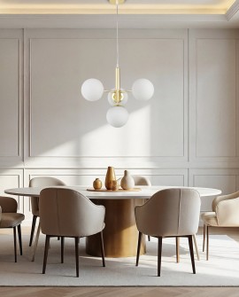 Złota lampa wisząca z czterema mlecznymi kloszami – nowoczesna lampa sufitowa do salonu i jadalni