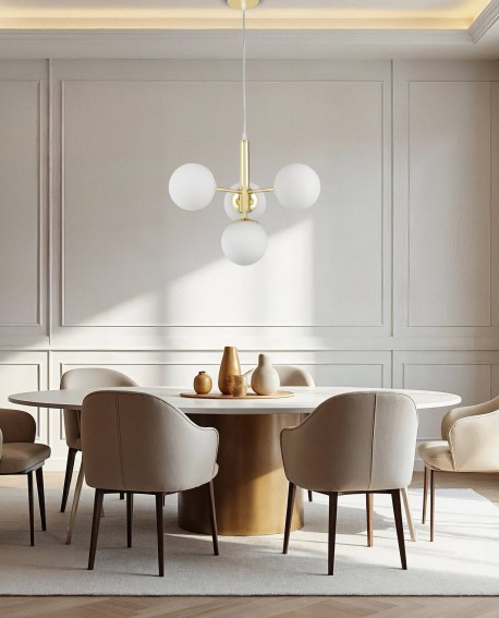 Złota lampa wisząca z czterema mlecznymi kloszami – nowoczesna lampa sufitowa do salonu i jadalni