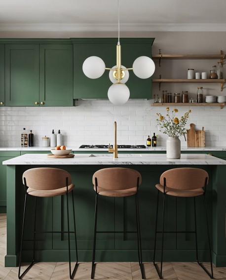  lampa wisząca z czterema białymi kulami nad wyspę kuchenną eleganckie oświetlenie marki Lampit złota konstrukcja Ledo W4