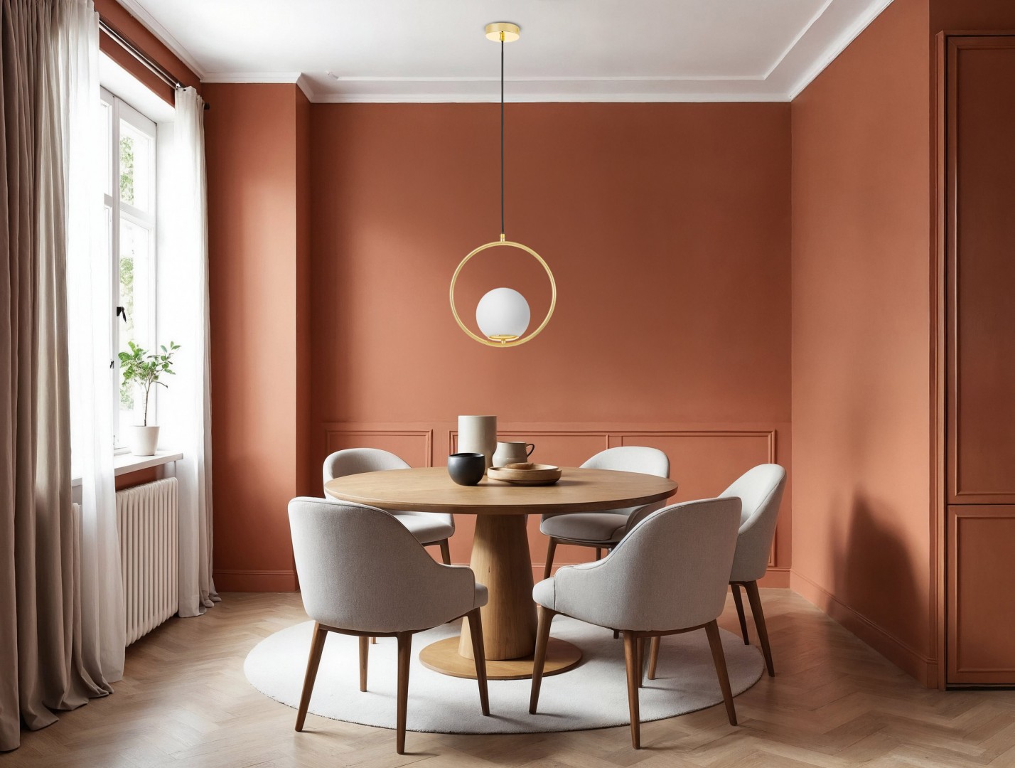  lampa wisząca z okrągłą złotą ramą i białym kloszem nad stół eleganckie oświetlenie Lampit model Vero 1A