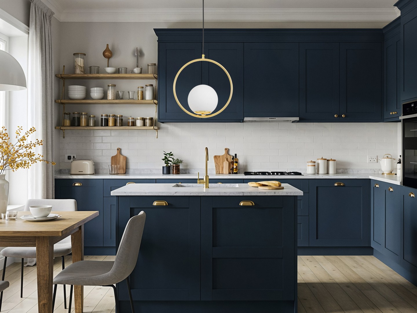 wisząca lampa z okrągłą złotą ramą i mlecznym kloszem nad wyspę kuchenną eleganckie oświetlenie Lampit model Vero 1A