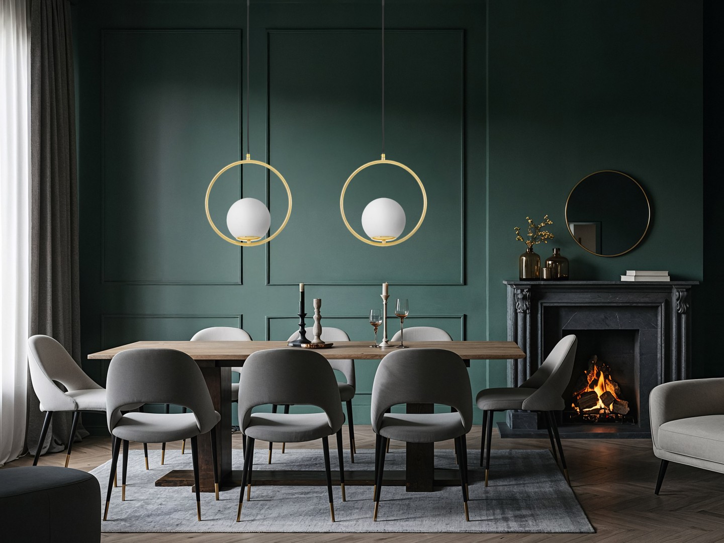  wisząca lampa z okrągłą złotą ramą i mlecznym kloszem nad stół jadalniany eleganckie oświetlenie marki Lampit model Vero 1A