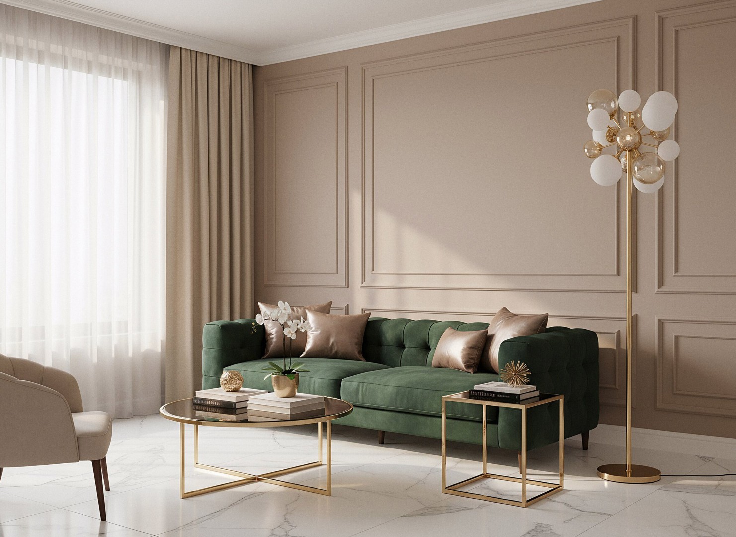 lampa podłogowa z metalową złotą podstawą i kulistymi kloszami elegancka dekoracja do wnętrz w stylu minimalistycznym