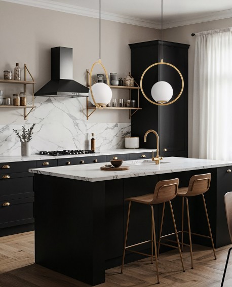  lampa wisząca z okrągłą złotą ramą i mlecznym kloszem nad wyspę kuchenną stylowe światło Lampit model Vero 1A