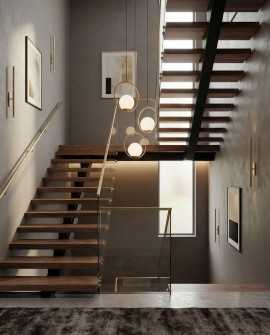  wisząca lampa schodowa ze złotą obręczą i mlecznym kloszem nowoczesne oświetlenie Lampit model Vero 1A