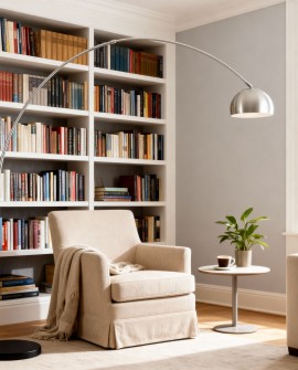 lampa stojąca podłogowa z łukowym ramieniem i metalowym kloszem doskonała do salonu z regałem i fotelami