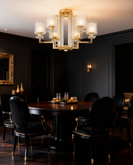 nowoczesny plafon MANHATTAN W6 w złotej ramie z szklanymi kloszami idealna lampa do klasycznych wnętrz