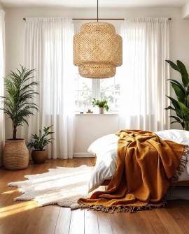 naturalna lampa wisząca bambusowa 40 cm w stylu boho idealna do sypialni z elementami roślinnymi