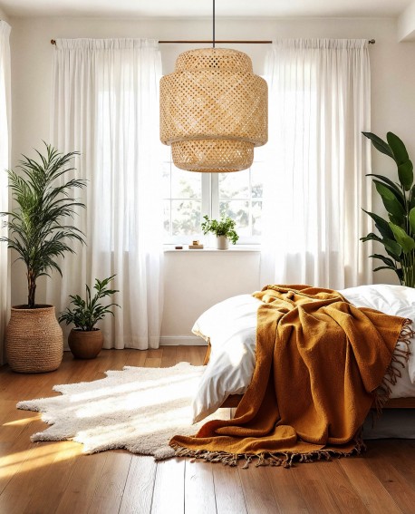 naturalna lampa wisząca bambusowa 40 cm w stylu boho idealna do sypialni z elementami roślinnymi