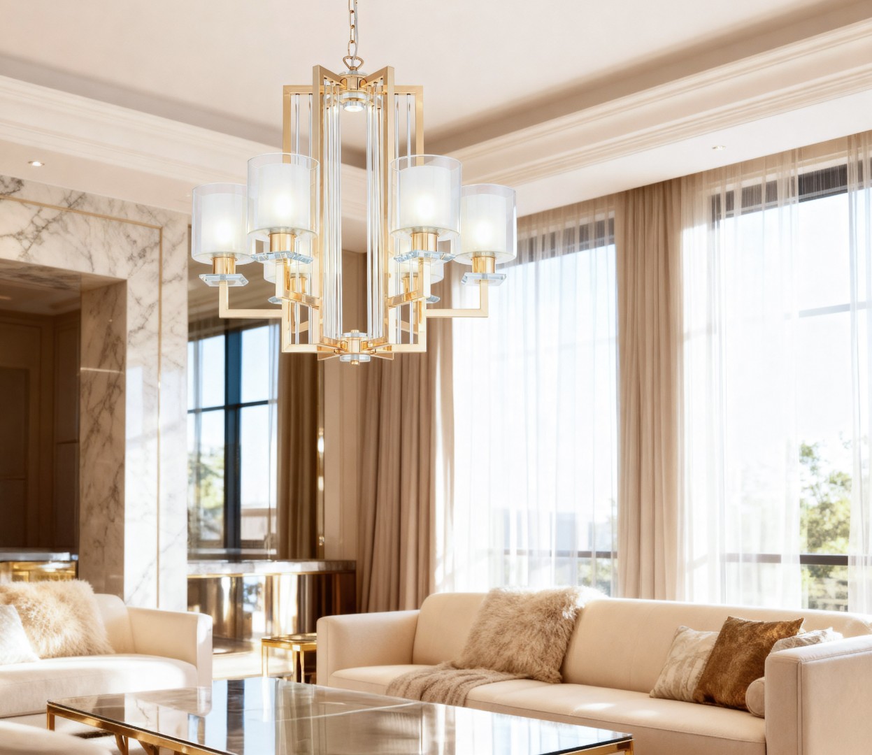 nowoczesny żyrandol wiszący złoty MANHATTAN od LuminaDeco elegancka lampa do salonu ze szklanymi kloszami