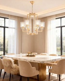 elegancki żyrandol wiszący złoty MANHATTAN od LuminaDeco z szklanymi kloszami doskonały do jadalni