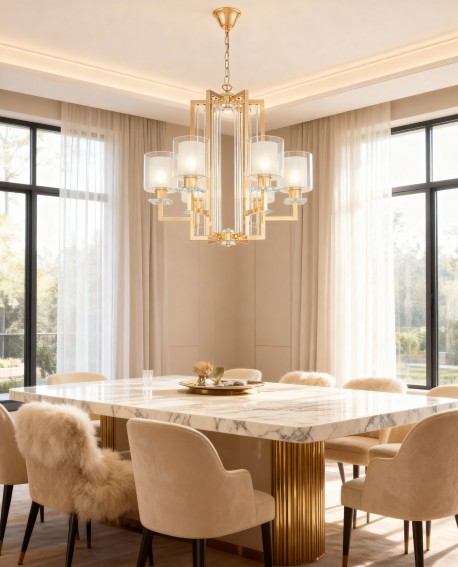 elegancki żyrandol wiszący złoty MANHATTAN od LuminaDeco z szklanymi kloszami doskonały do jadalni