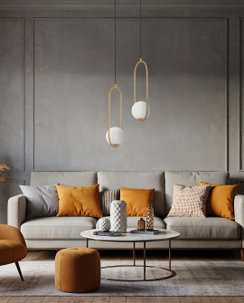 nowoczesna lampa wisząca szczotkowane złoto VERO 1B od Lampit z eleganckimi kloszami idealna do salonu