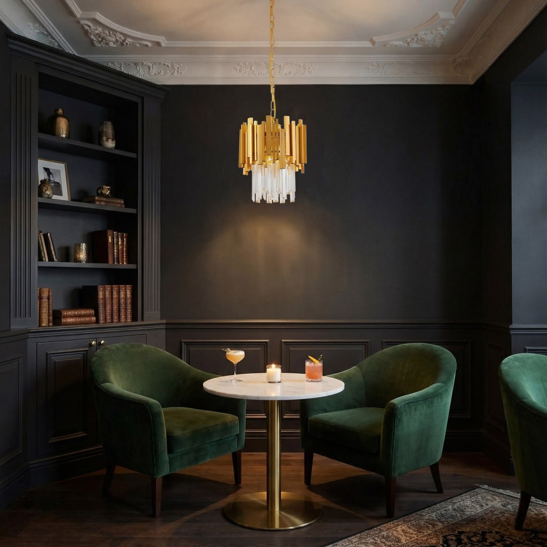 lampa wisząca kryształowa FERA D25 złota z pięknymi kloszami idealna do luksusowych salonów