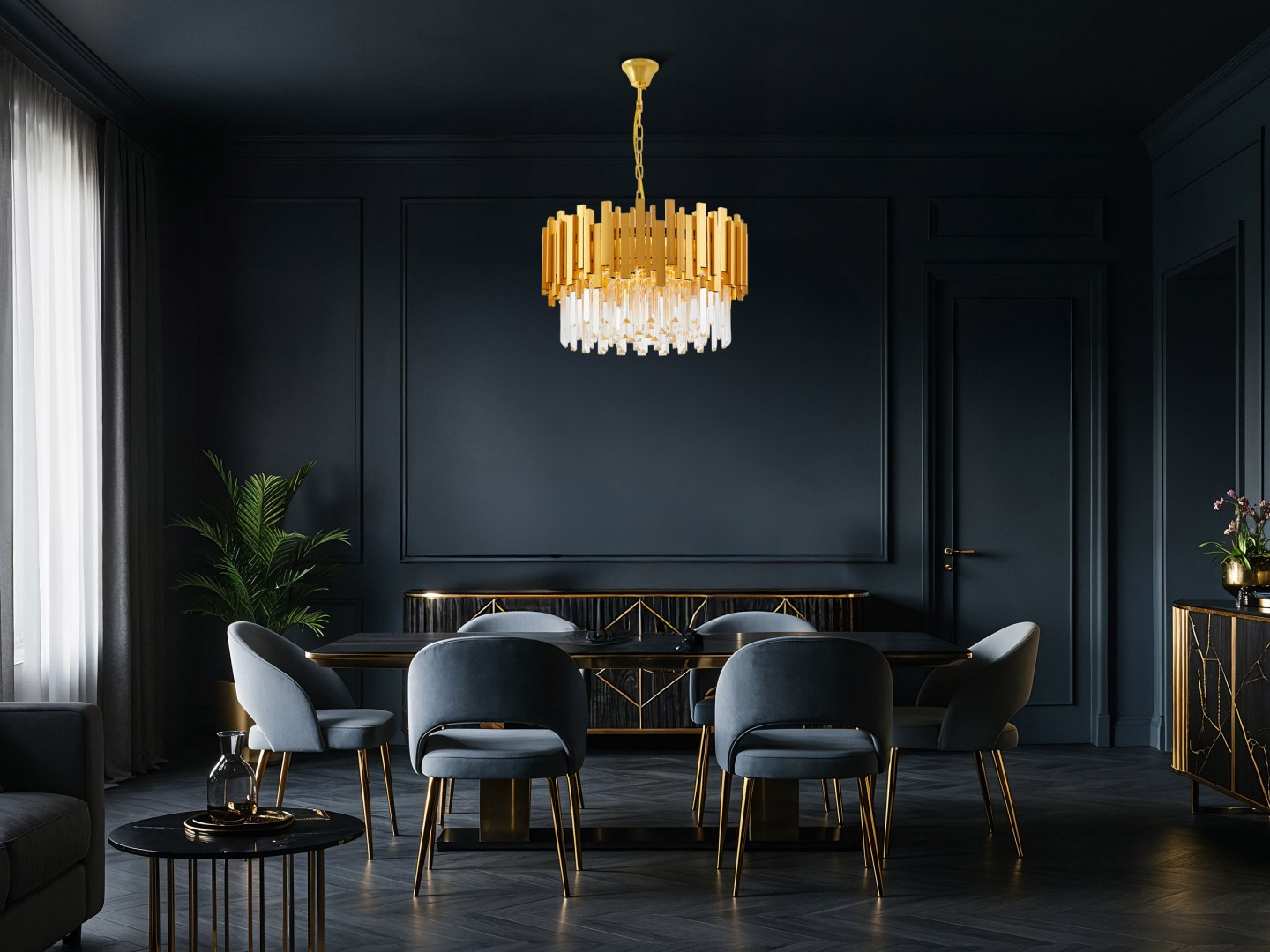 lampa wisząca FERA D50złota z kryształowymi kloszami do eleganckich wnętrz o wysokim standardzie