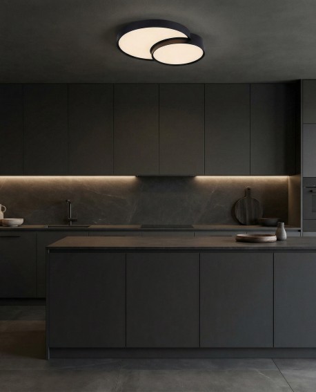 nowoczesny plafon sufitowy czarny Orbo Duo D48 od Lampit elegancka lampa do kuchni z minimalistycznym designem