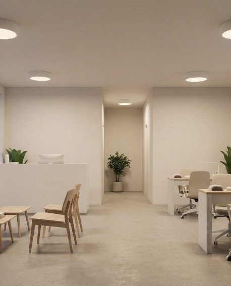 minimalistyczny plafon sufitowy z mlecznym kloszem i białą obudową od producenta Lampit model Orbo D30 do przestrzeni biurowej