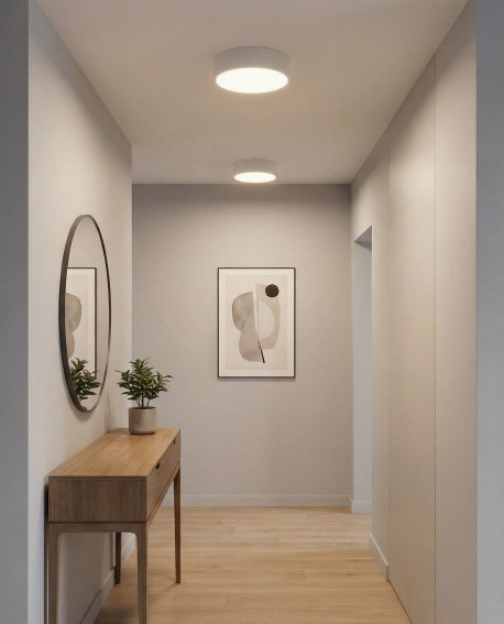 plafon biały sufitowy w nowoczesnej i prostej formie idealnie pasujący do pomieszczeń przejściowych w stylu minimalistycznym