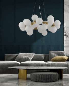 lampa wisząca nowoczesna złota szczotkowana Marsiada 25 lumina deco z białymi kulami widok frontowy