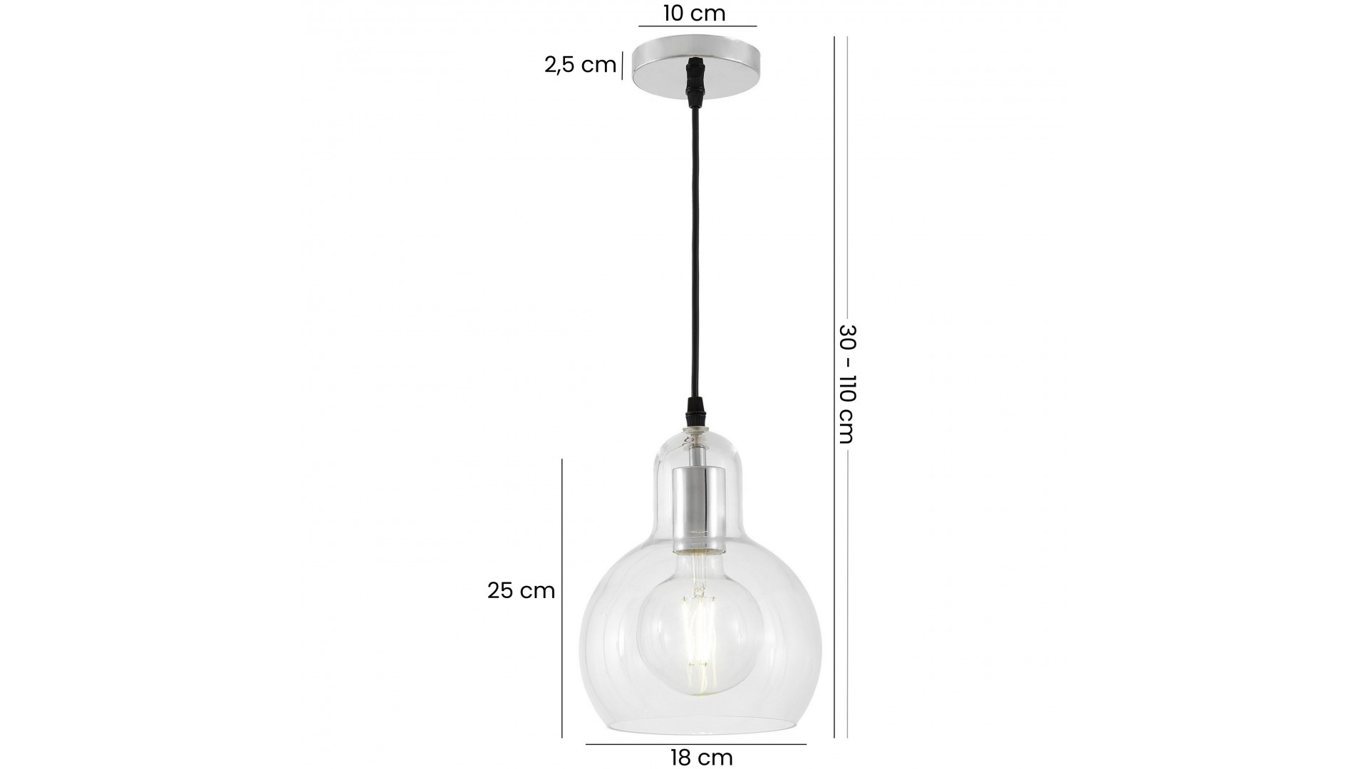 chromowana lampa wisząca z przezroczystym szklanym kloszem kula na przewodzie do kuchni producent Lampit kolekcja Moro 1A