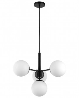 Czarna lampa wisząca z czterema mlecznymi kloszami – nowoczesna lampa sufitowa do salonu i jadalni