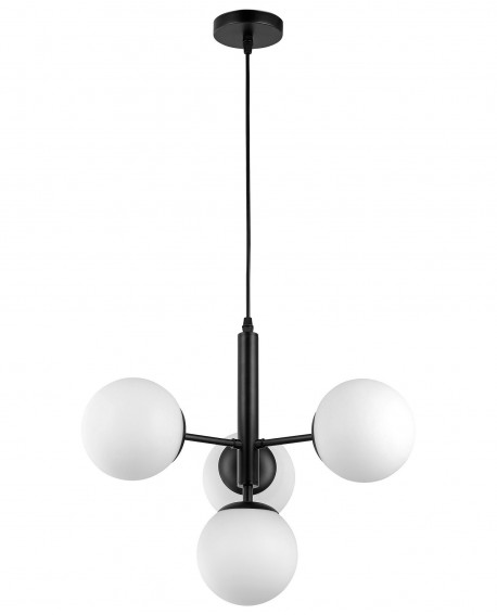 Czarna lampa wisząca z czterema mlecznymi kloszami – nowoczesna lampa sufitowa do salonu i jadalni