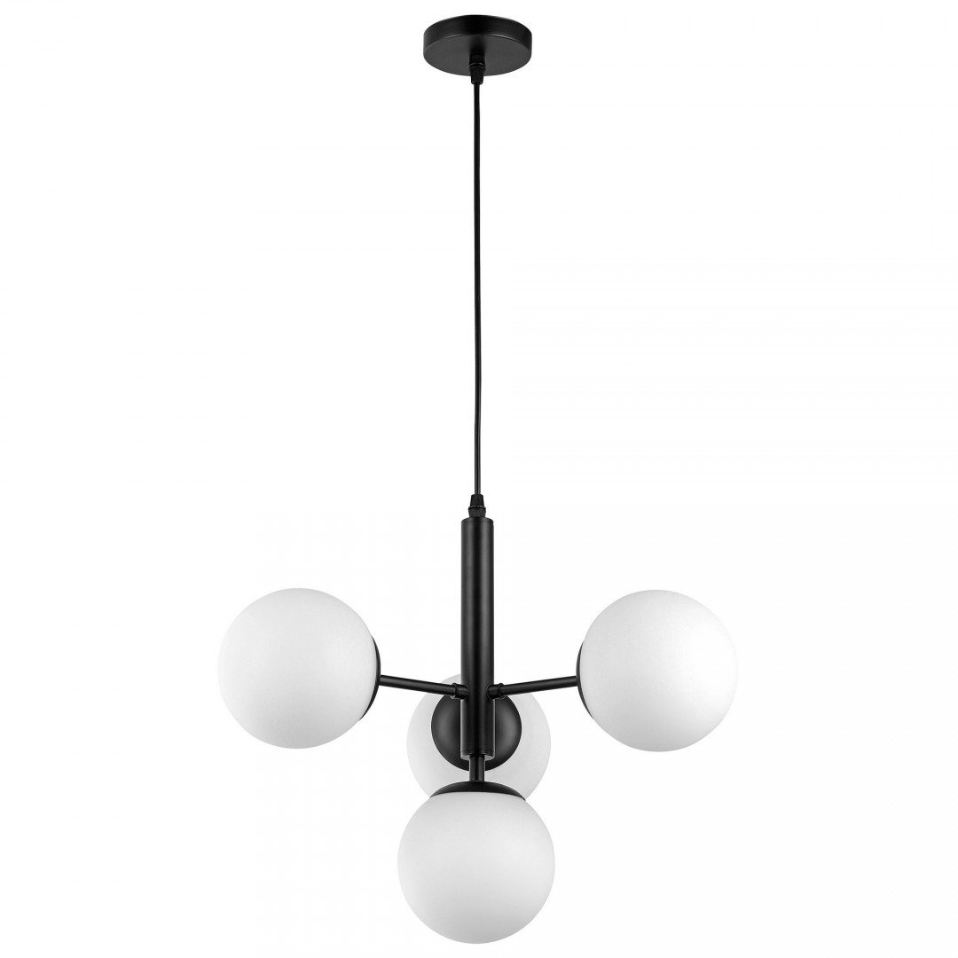 Czarna lampa wisząca z czterema mlecznymi kloszami – nowoczesna lampa sufitowa do salonu i jadalni