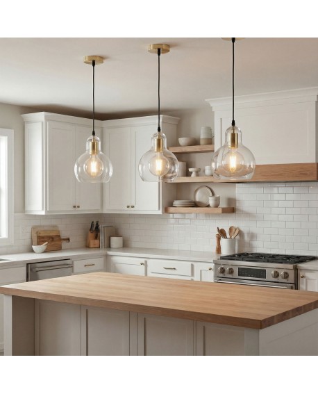 nowoczesna lampa wisząca złota nad blatem kuchennym smukła forma światła MORO 1A dekoracyjny akcent od marki Lampit do kuchni