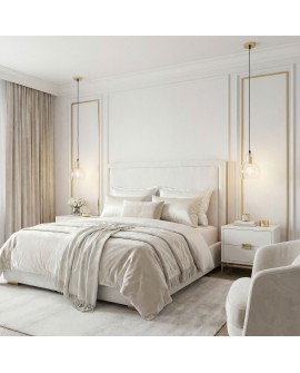 złota lampa wisząca nad łóżkiem elegancka oprawa światła do sypialni model MORO 1A subtelny design od Lampit do jasnego wnętrza