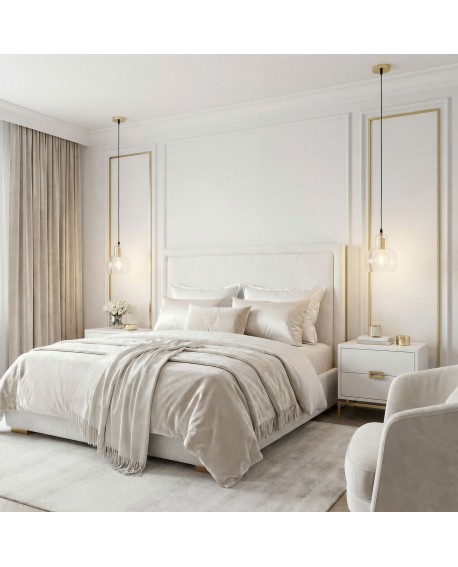 złota lampa wisząca nad łóżkiem elegancka oprawa światła do sypialni model MORO 1A subtelny design od Lampit do jasnego wnętrza