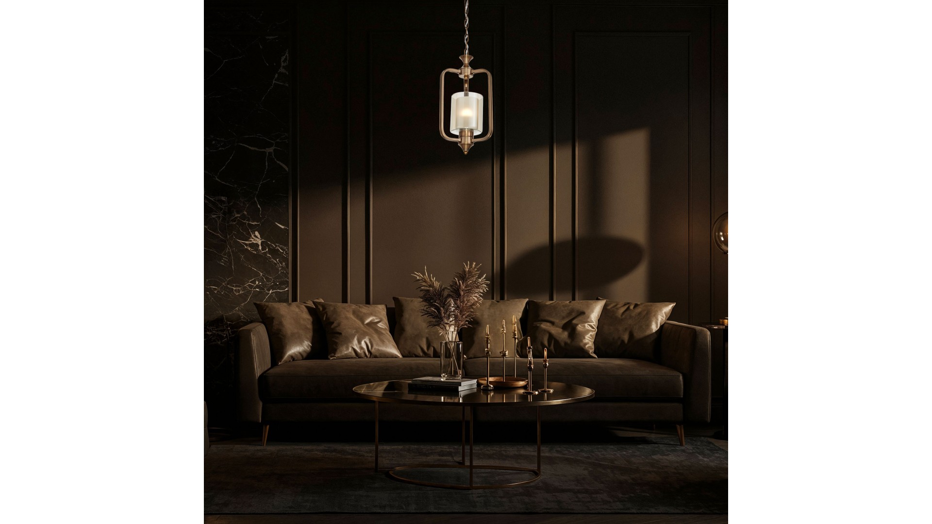  Lampa wisząca ATLANTA W1 w stylu loft, złota szczotkowana z szklanym kloszem, idealna do nowoczesnych wnętrz, dodająca ciepła