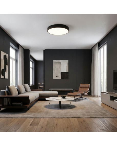 czarny plafon sufitowy w nowoczesnym salonie nad stolikiem kawowym okrągła lampa ORBO D50 dekoracyjne oświetlenie Lampit