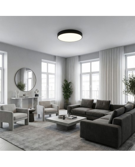 okrągła lampa sufitowa czarna w przestronnym salonie z sofą elegancki plafon ORBO D50 do nowoczesnych wnętrz Lampit