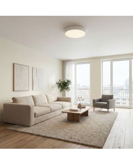 nowoczesna lampa sufitowa biała w salonie nad stolikiem kawowym minimalistyczny plafon ORBO D50 stylowe światło marki Lampit