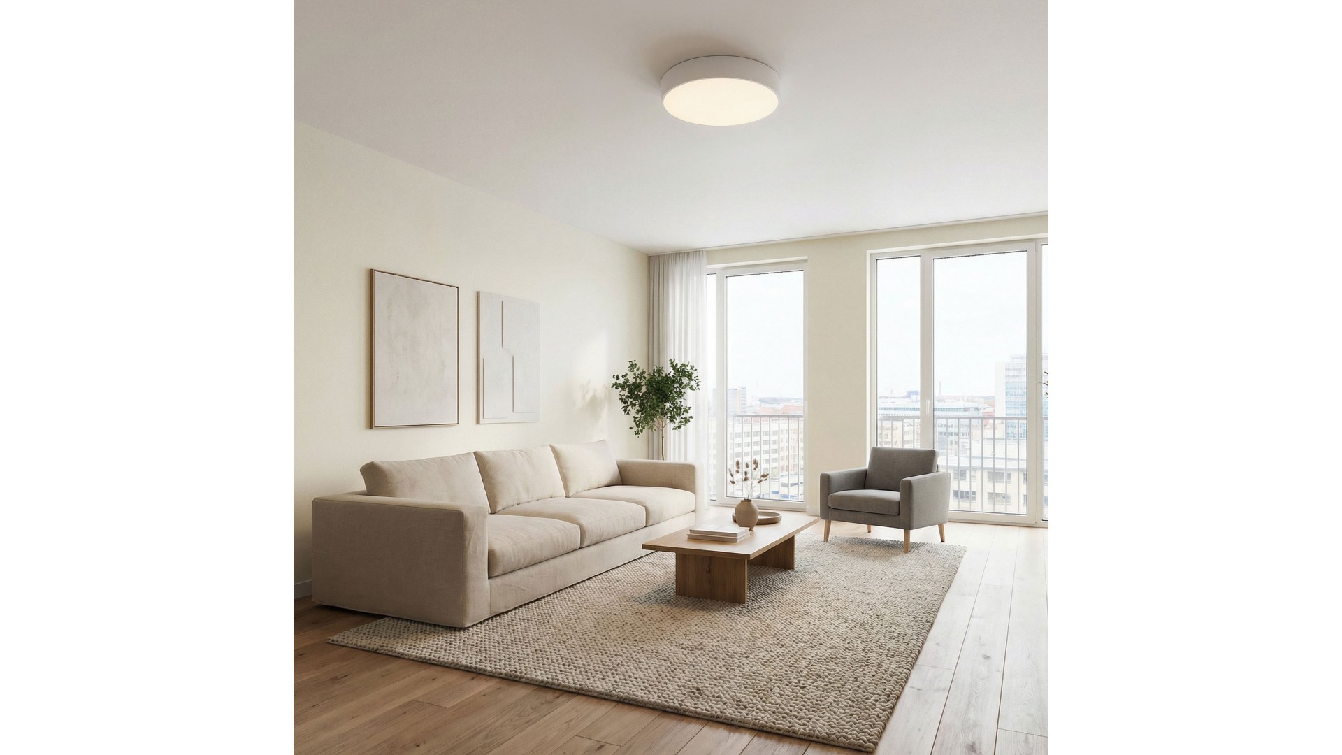 nowoczesna lampa sufitowa biała w salonie nad stolikiem kawowym minimalistyczny plafon ORBO D50 stylowe światło marki Lampit