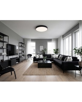 czarny plafon sufitowy w nowoczesnym salonie nad stolikiem kawowym okrągła lampa ORBO D60 eleganckie oświetlenie Lampit