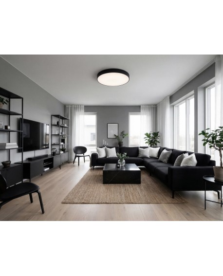 czarny plafon sufitowy w nowoczesnym salonie nad stolikiem kawowym okrągła lampa ORBO D60 eleganckie oświetlenie Lampit