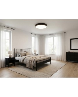 okrągły plafon czarny w jasnej sypialni nad łóżkiem minimalistyczna lampa sufitowa ORBO D60 nowoczesny projekt Lampit