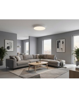 okrągły biały plafon sufitowy nad szarą sofą w salonie producent Lampit model Orbo D60 nowoczesne oświetlenie do pokoju