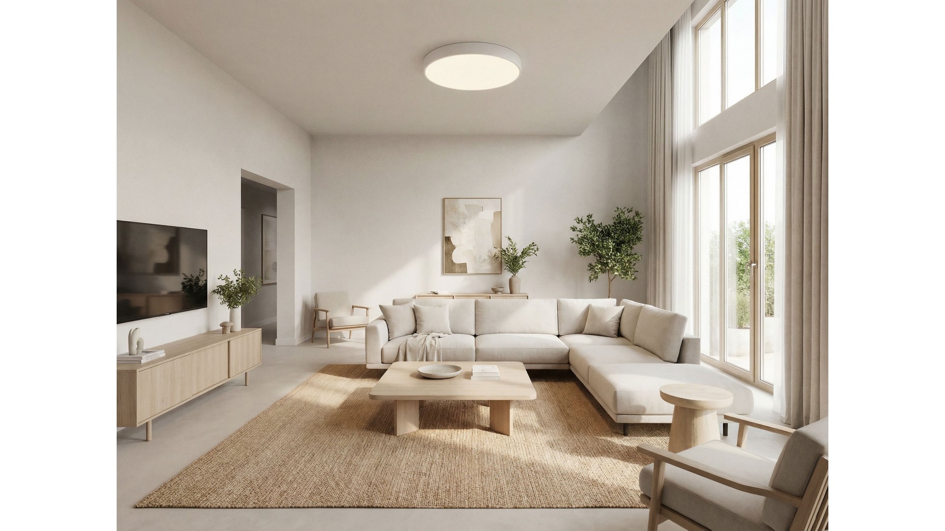 duża lampa sufitowa plafon w białej obudowie w jasnym salonie z dużymi oknami marka Lampit seria Orbo D60 minimalistyczne światł