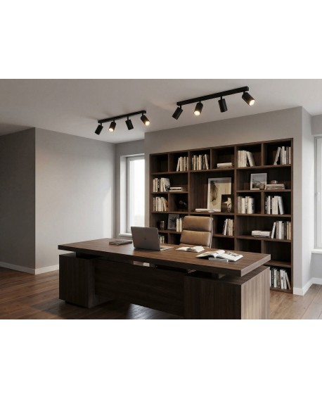 czarna lampa sufitowa spot z czterema regulowanymi tubami na długiej listwie do dużych wnętrz producent lampit model NEO W4